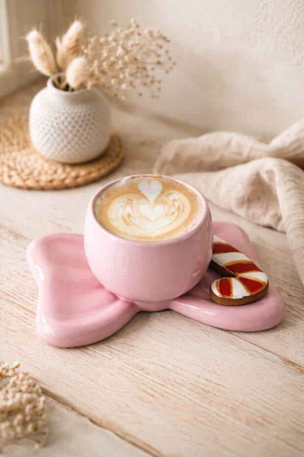 1 Pc Handmade Ceramic Pink Bow Mug with Saucer – Designer Coffee Cup