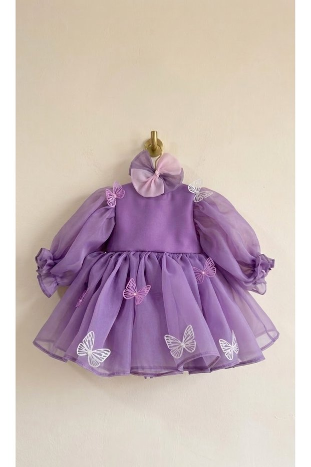 Purple Butterfly Detailed Buckled Girls' Dress