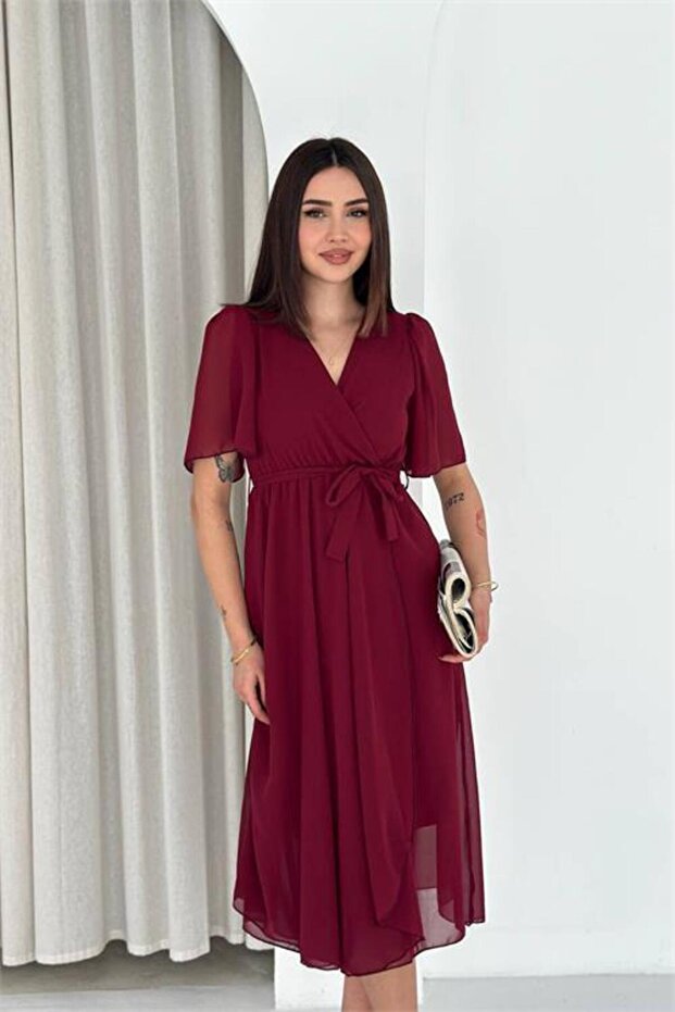 Women's Burgundy Belt Double-Breasted Collar Wrap Chiffon Dress Nbk4520