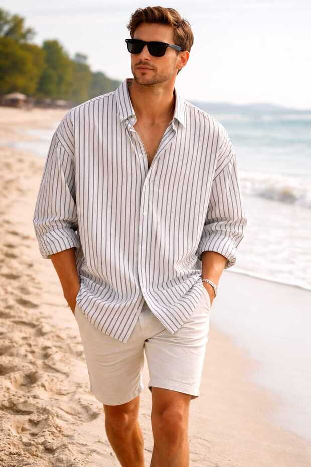 Iron-Free, Lightweight Do Textured Fine Stripe Dress Shirt for Men in Drapey Sizes, Summer Style