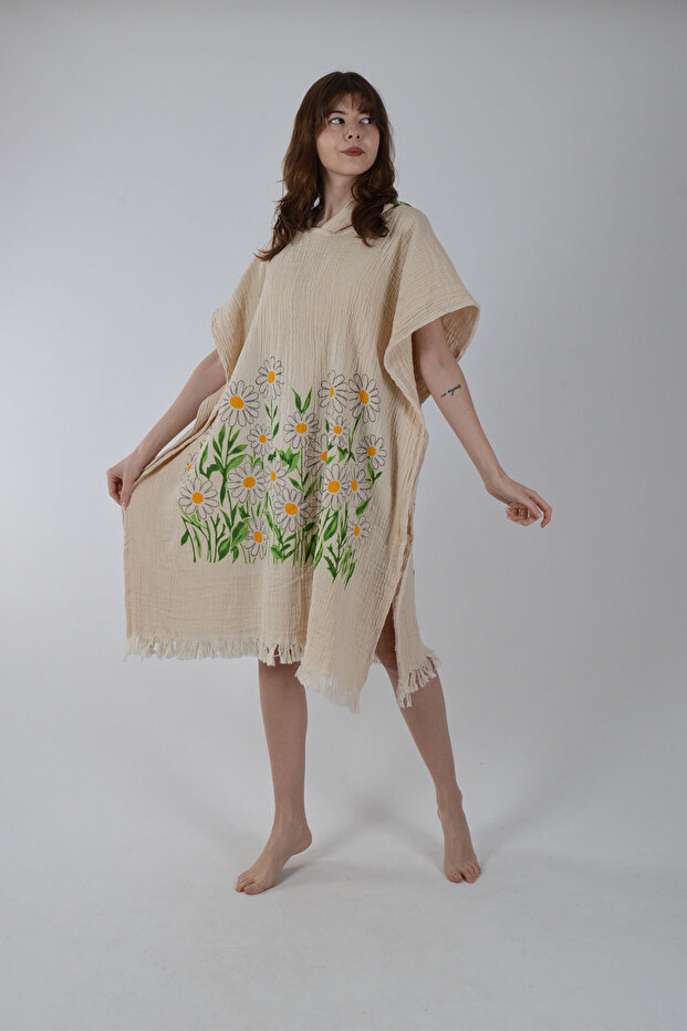 Poncho Muslin Cotton Pack Daisy Pattern Beach Wear Wrinkled Water Absorbent High Unisex