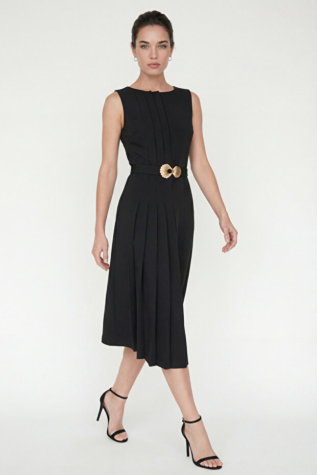 Women's Black Crew Neck Midi Dress with Belt Sleeves