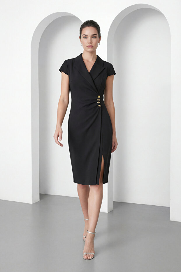 Women's Black Double-Breasted Collar Button Detail Midi Event Dress