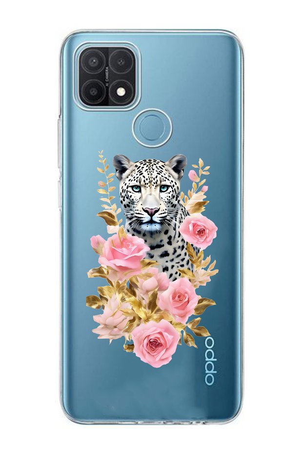 Oppo A15 / A15S Compatible Leopard and Pink Rose Patterned Transparent Phone Case