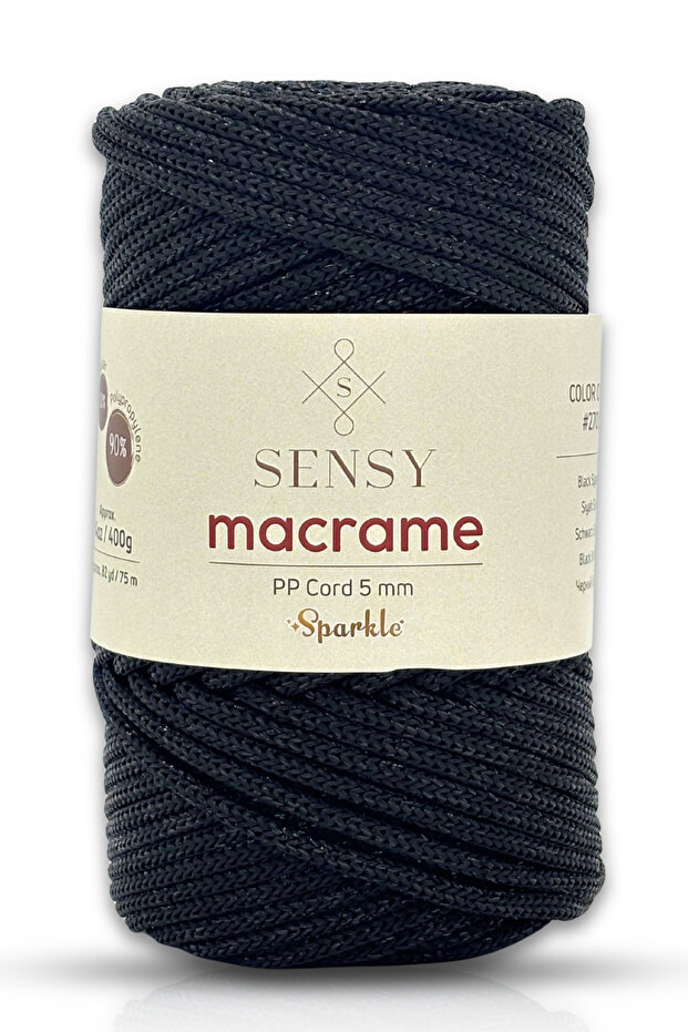 Glittery 5 mm Polyester Macramé Thread 400 Gr Black Supla Thread and Thread Bag Pligy