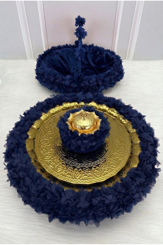 Navy Blue Floral Copper Tray Velvet Henna Night Tray Basket Bridal Set, Engagement Wedding Wedding Ceremony Circumcision