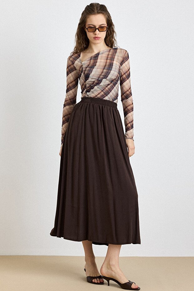 Elastic Waist Flared Modal Skirt Brown 7071