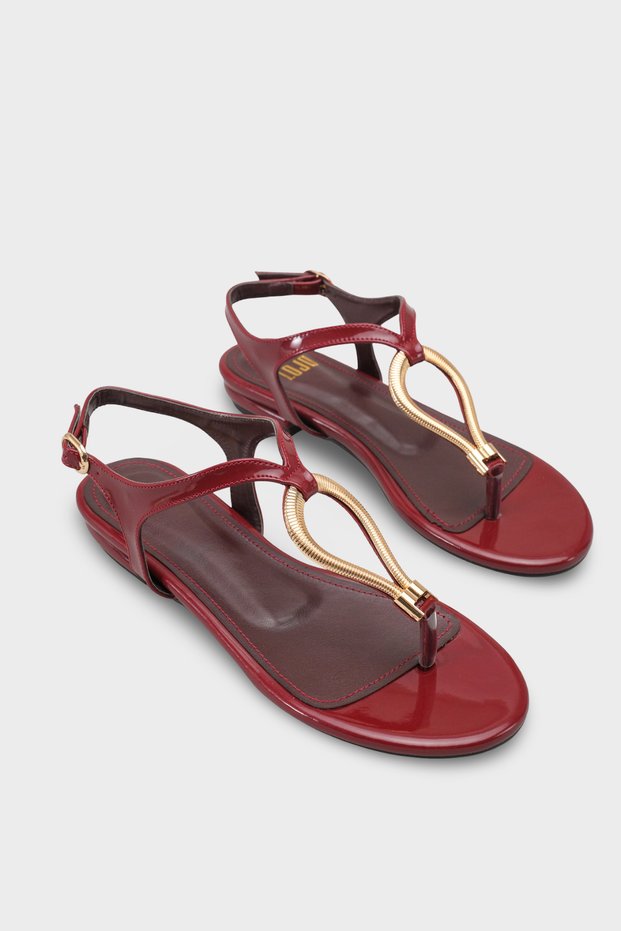 Women's Oval Toe Gold Band Detailed Daily Shoes Sandals Nikkiy Claret Red