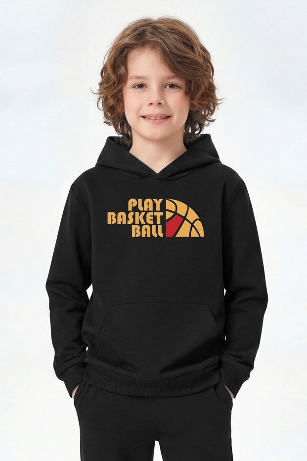 Kangaroo Pocket Hooded Printed Detailed Boys' Sweatshirt
