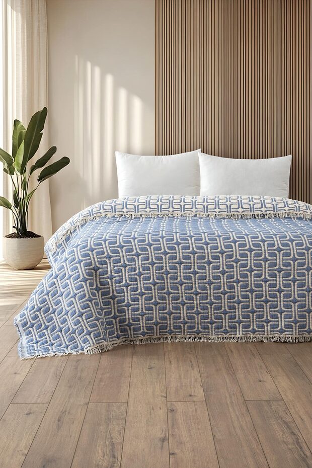 Muslin Single Blue Perge Duvet 170X220 cm - 100% Cotton Soft Pattern Duvet - Fiber-Filled