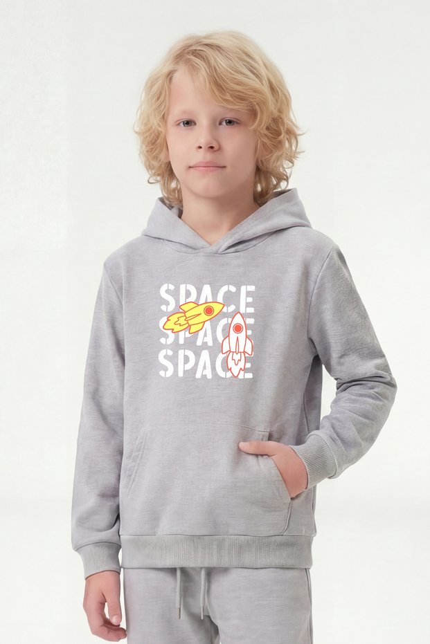 Kangaroo Pocket Hooded Printed Detailed Boys' Sweatshirt