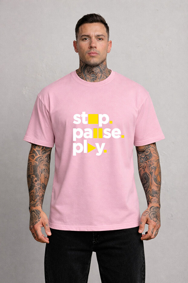 Men's Oversized T-Shirt Stop Pause Printed 100% Cotton T-Shirt Comfortable Fit
