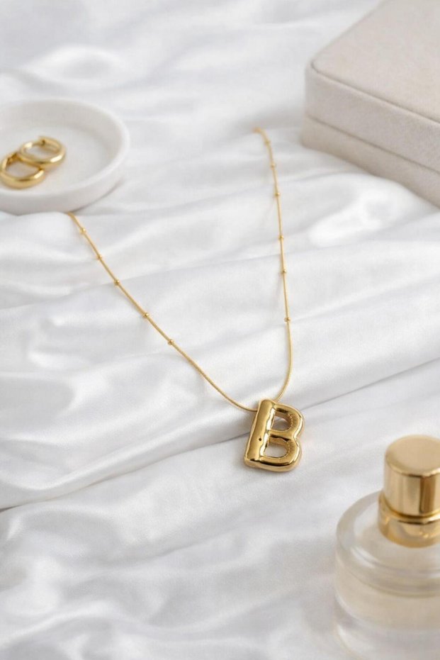 Gold Color Bubble Necklace with Letter B and Steel Chain