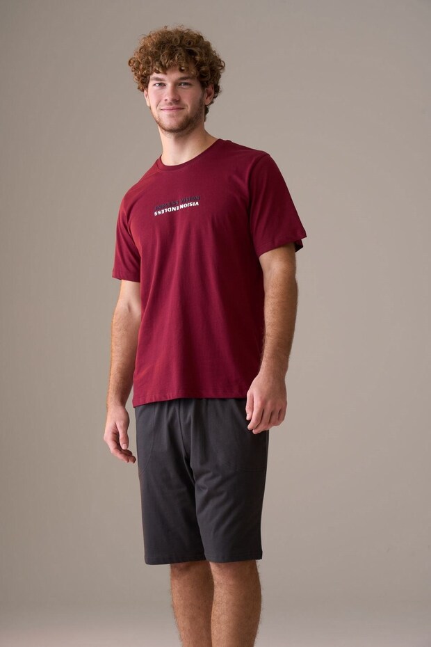 Men's Short Sleeve 100% Cotton Shorts Pajama Set Claret Red