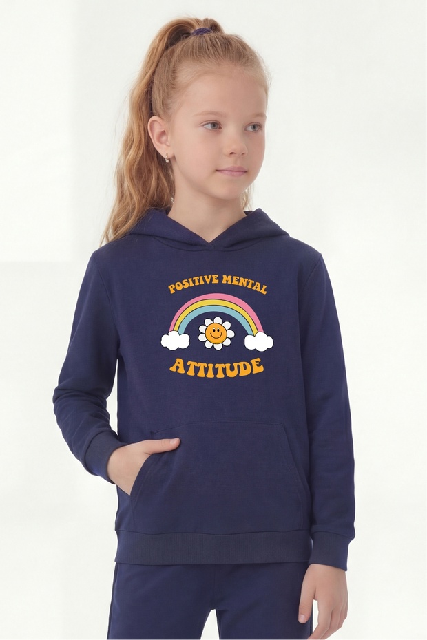 Kangaroo Pocket Hooded Girls' Sweatshirt with Print Detail