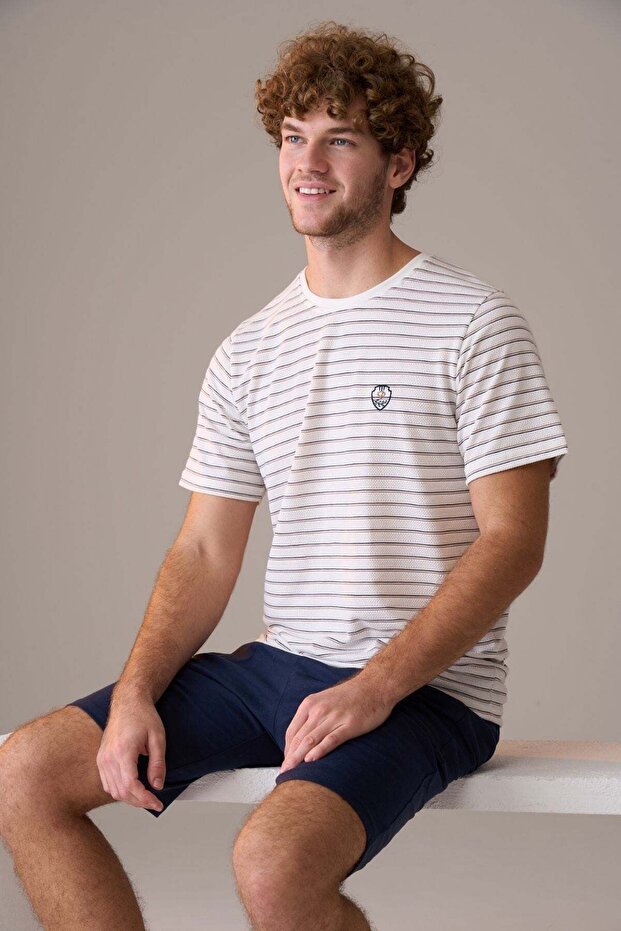 Men's Short Sleeve 100% Cotton Shorts Pajama Set Navy Blue