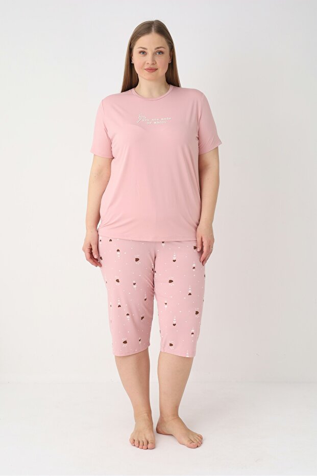 Women's Heart Bottom Patterned Pink Short Sleeve Capri Soft Battal Pajama Set