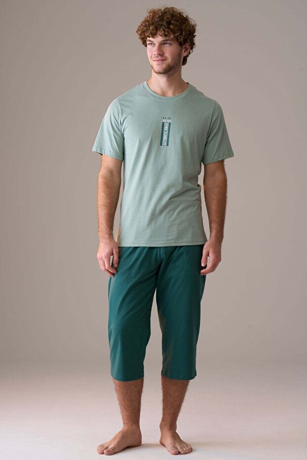 Men's Short Sleeve 100% Cotton Large Size Capri Pajamas Set Light Green