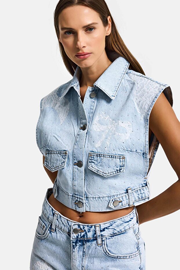 Women's Ice T-3S6-3 Cropped Fit Lace and Stone Detailed Design Denim Vest