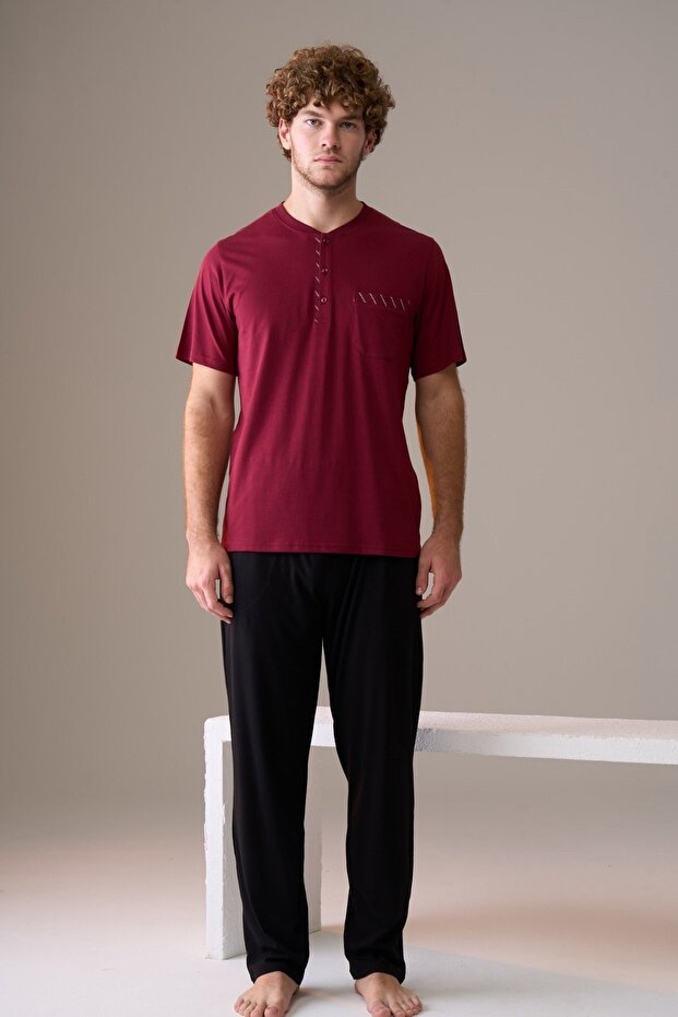 Men's Short Sleeve Buttoned Collar 100% Cotton Pajama Set Claret Red