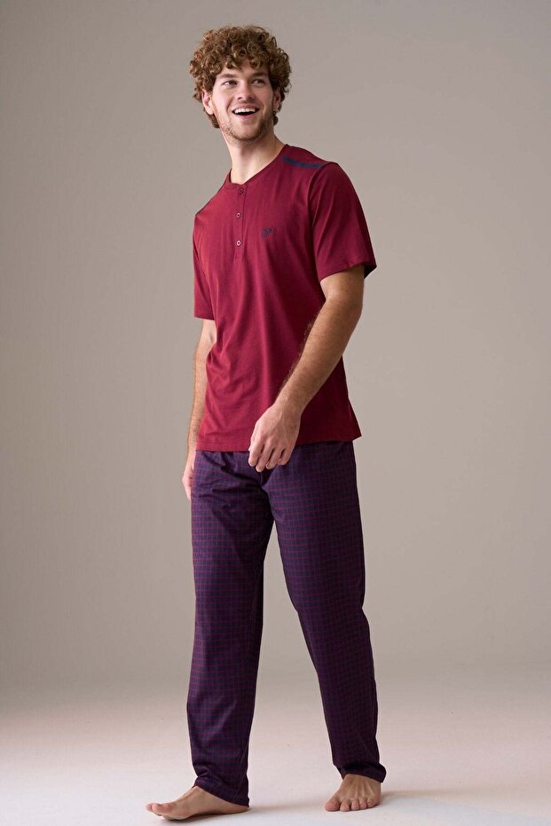 Men's Short Sleeve Buttoned Collar 100% Cotton Pajama Set Dark Claret Red