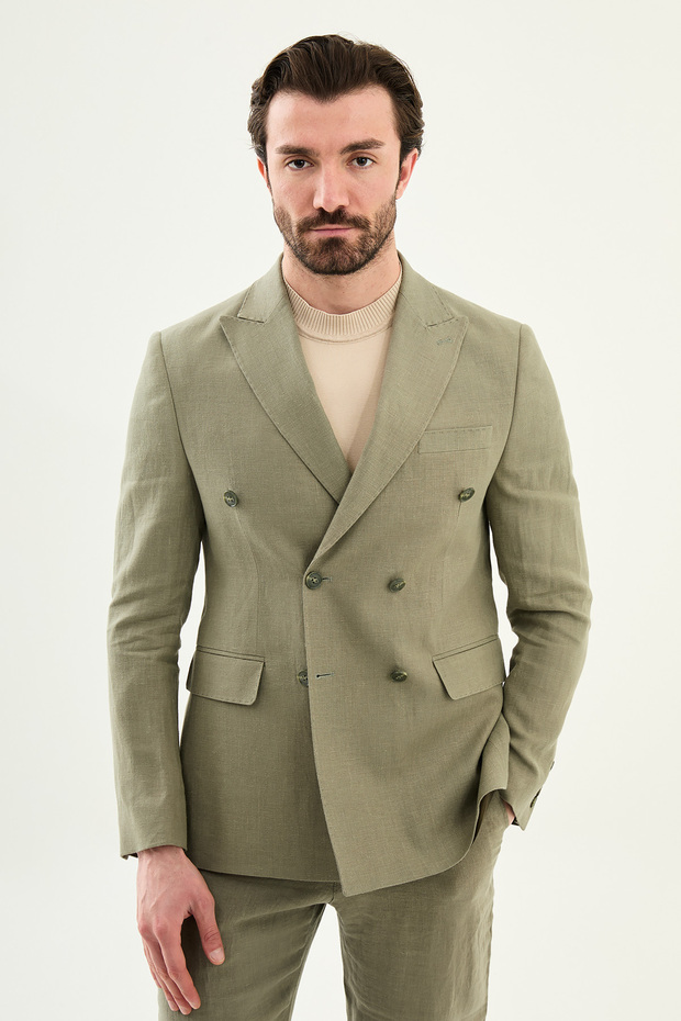 Plain Slim Fit Wide Collar Double-Breasted Pocket 100% Linen Men's Jacket Khaki - 41488.26Y