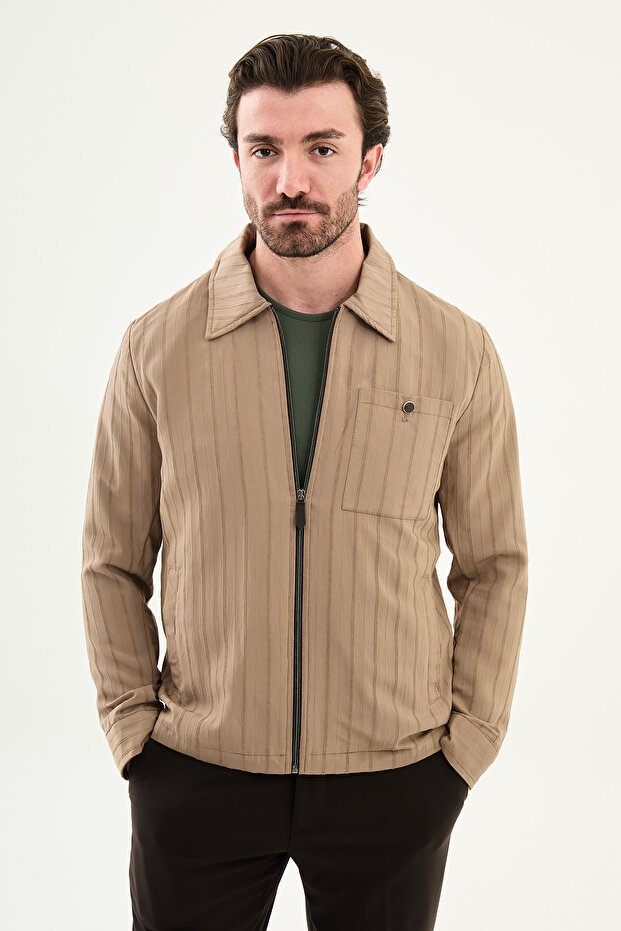 Striped Slim Fit Shirt Collar Spring Men's Coat Beige - 39660.26Y