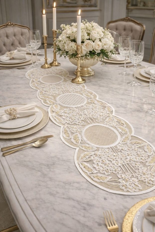 Gold Embroidered Luxury French Lace Runner 130X37 cm