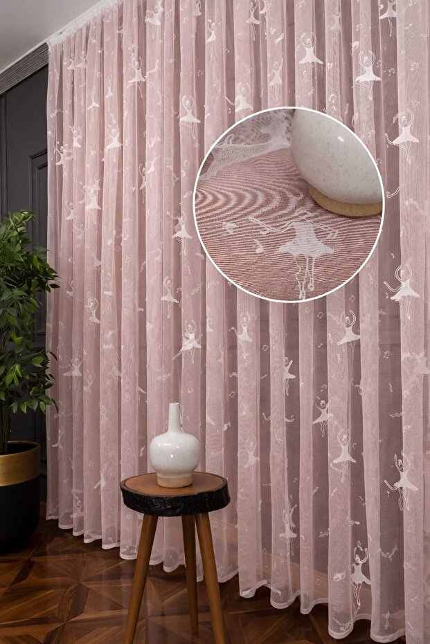 Ballerina Patterned Children's Room Tulle Curtain | Pink | 1X3 Dense Pleat | Elegant Decorative Design | Baby and Children's Room Curtain