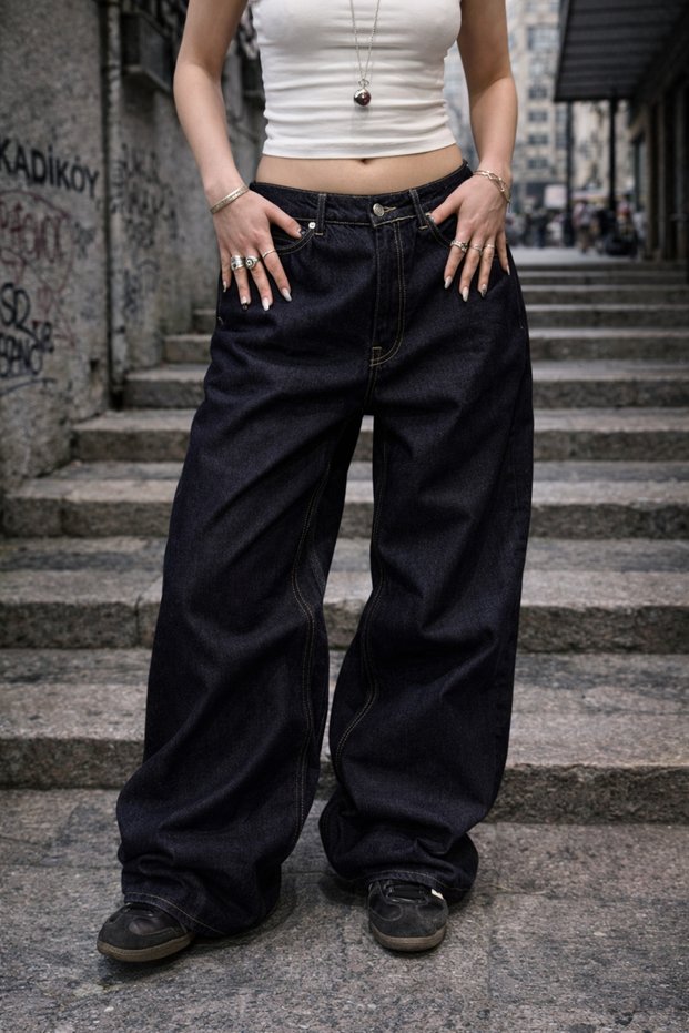 Women's Navy Blue Baggy Denim Jean Trousers High Waist Loose Fit