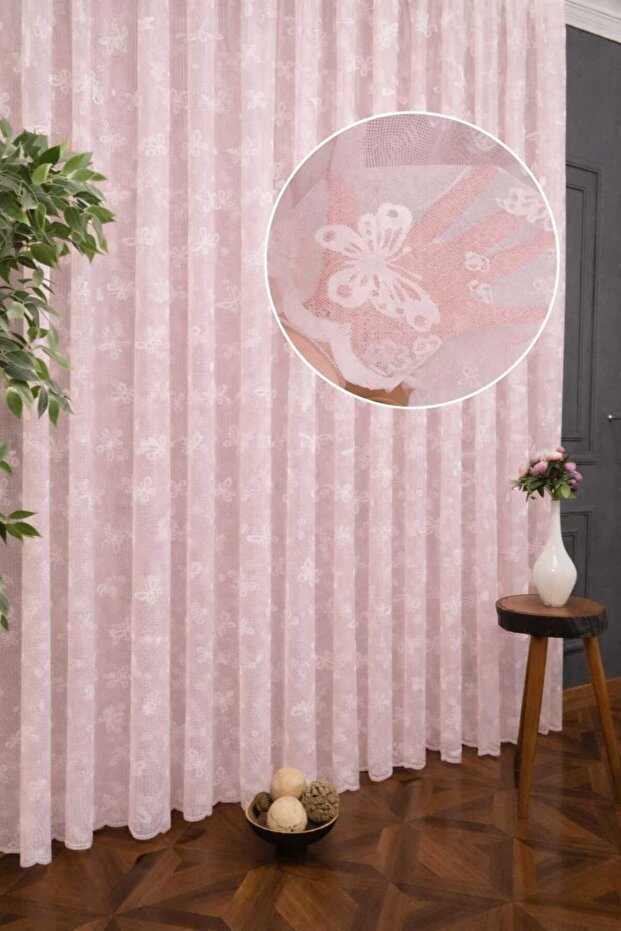 Butterfly Patterned Children's Room Tulle with Tight Pleats-Pink