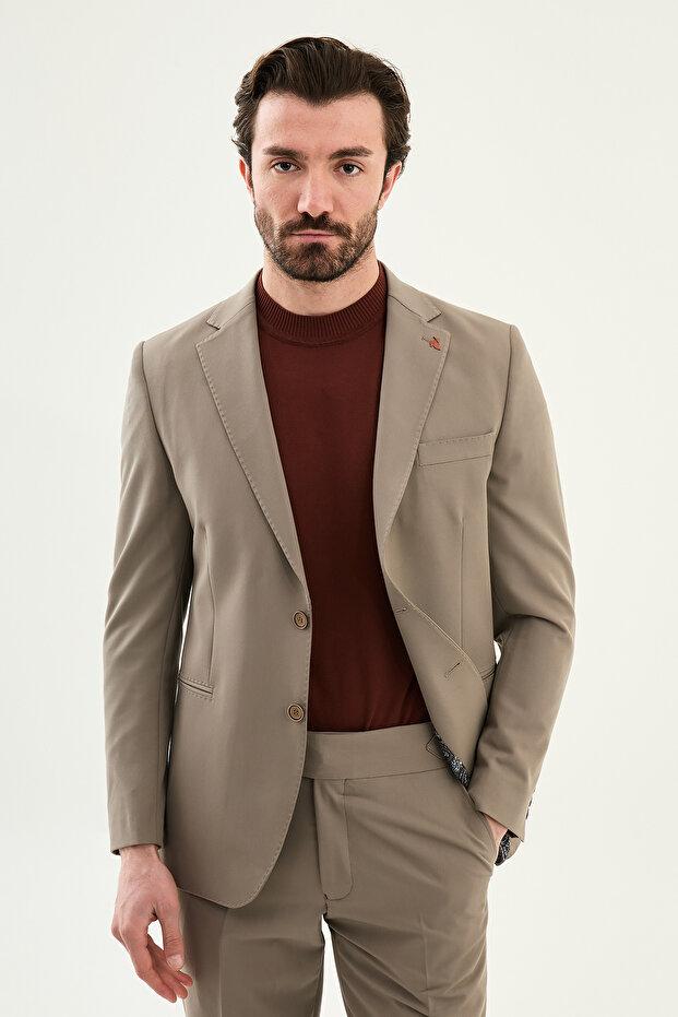 Straight Slim Fit Mono Collar Trousers Belt Buckled Men's Suit Mink - 45435.26Y