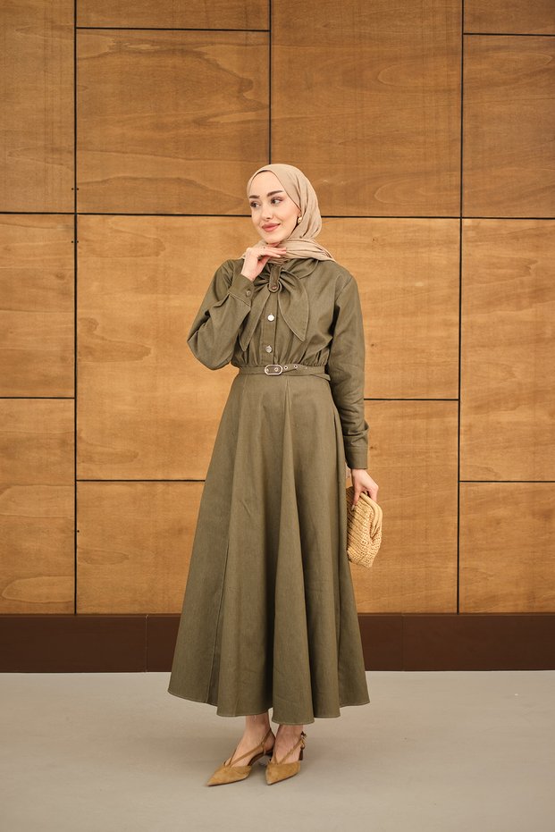 Women's Ornamental Stitching Detail Belt Piece Dress Khaki Green