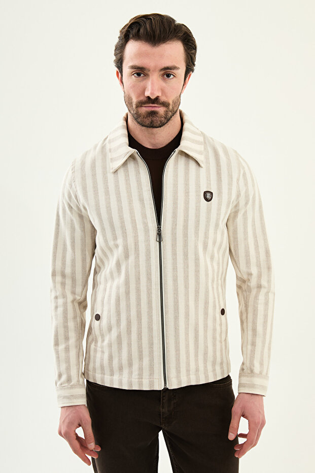 Striped Slim Fit Shirt Collar Yandan Pocketed Men's Coat Ecru-Beige - 39662.26Y