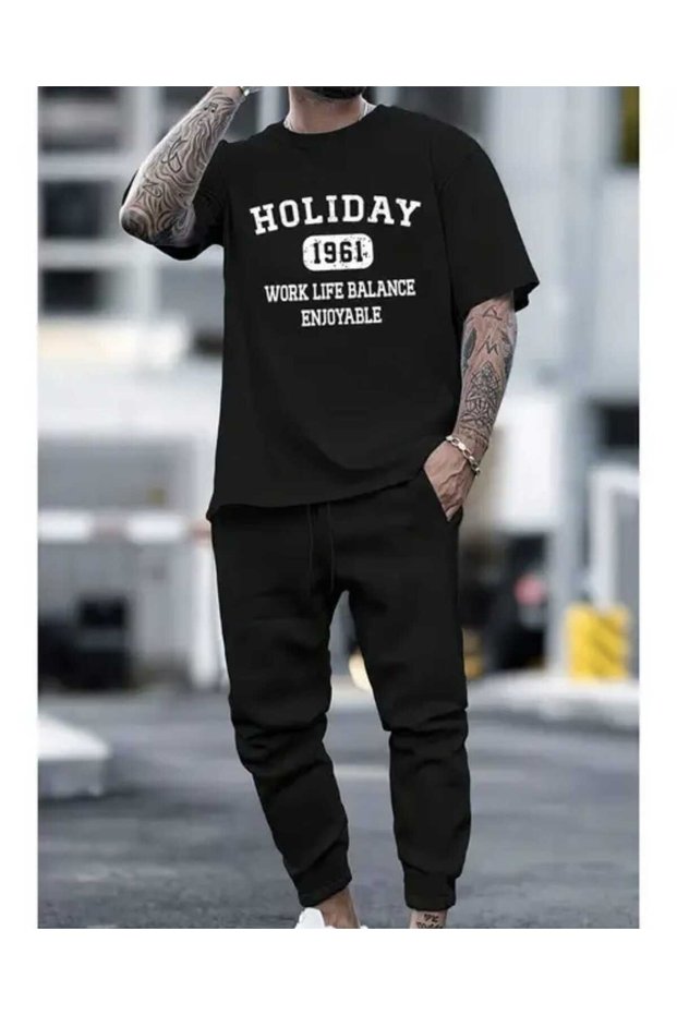 Holiday printed sweatpants and t-shirt - jogger t-shirt top and bottom tracksuit set bicycle collar
