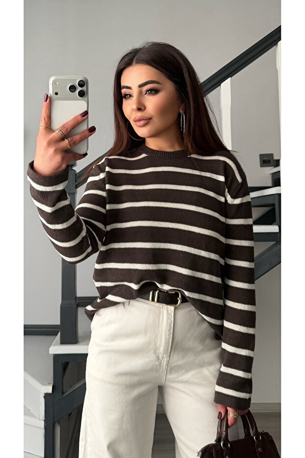 Coffee-ecru Striped mercerized blouse