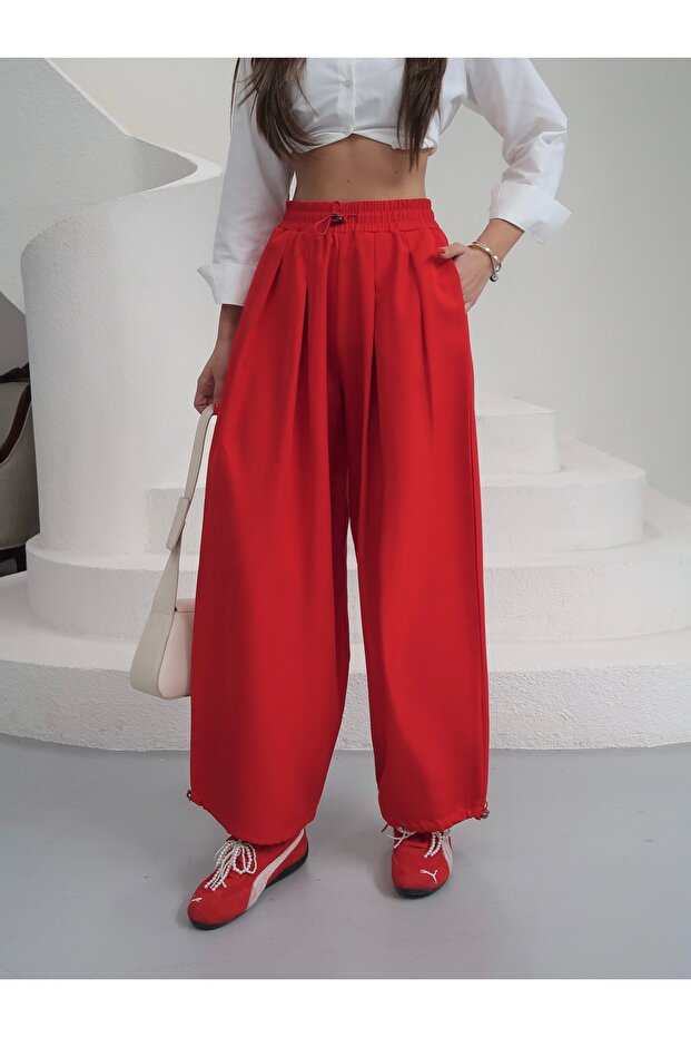Women's Double Atlas Fabric Pleated Leg Elastic Pants