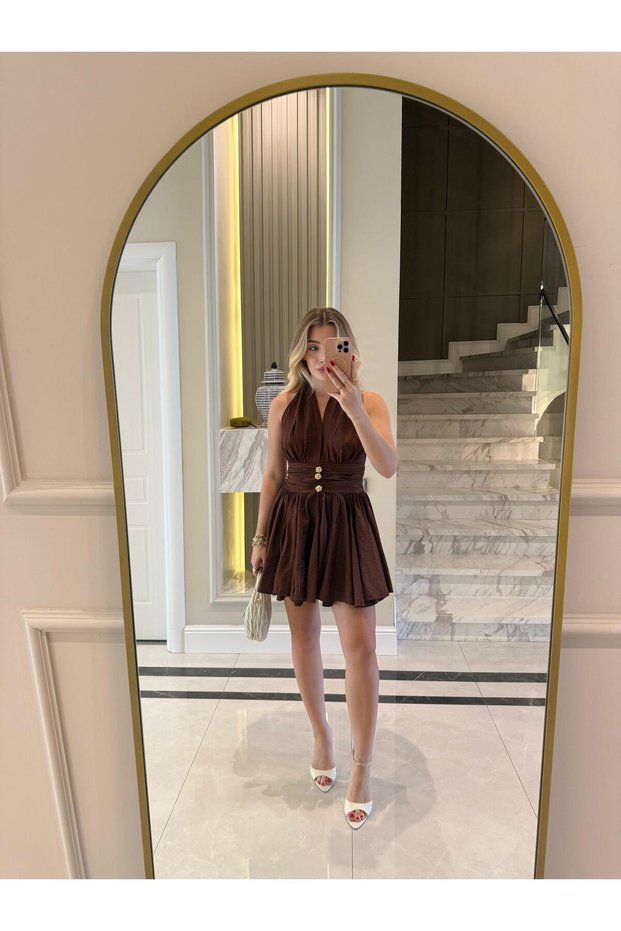 Aci Brown Gold Buttoned Ronse Mini Dress