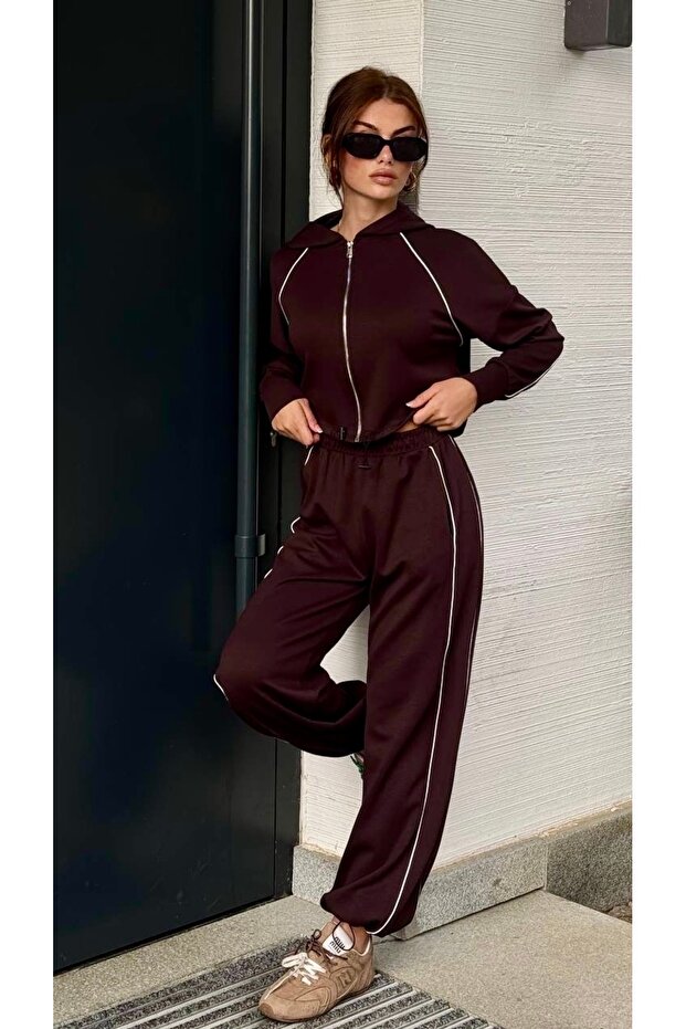Women's Striped Zippered Elastic-Waist Tracksuit Set