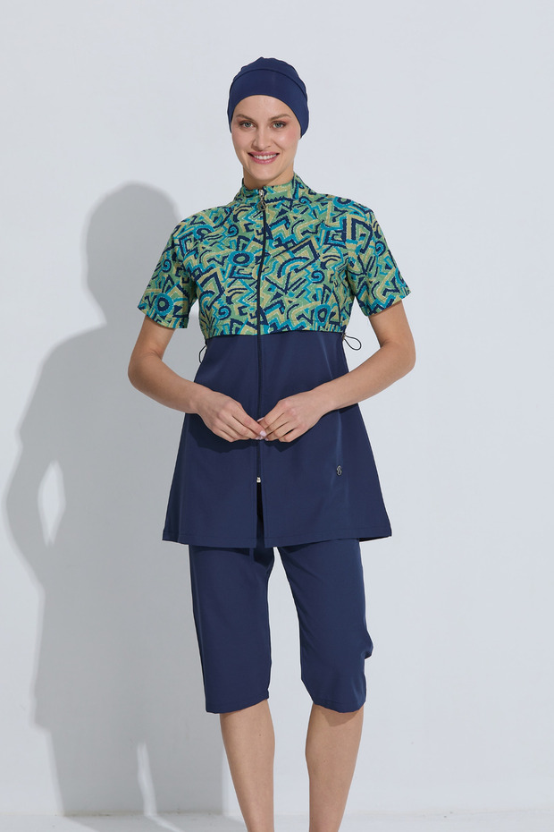Semi-Closed Swimsuit Set Navy Blue Turquoise Patterned – Women's Swimsuit Set with Short Sleeves and Capri Leggings