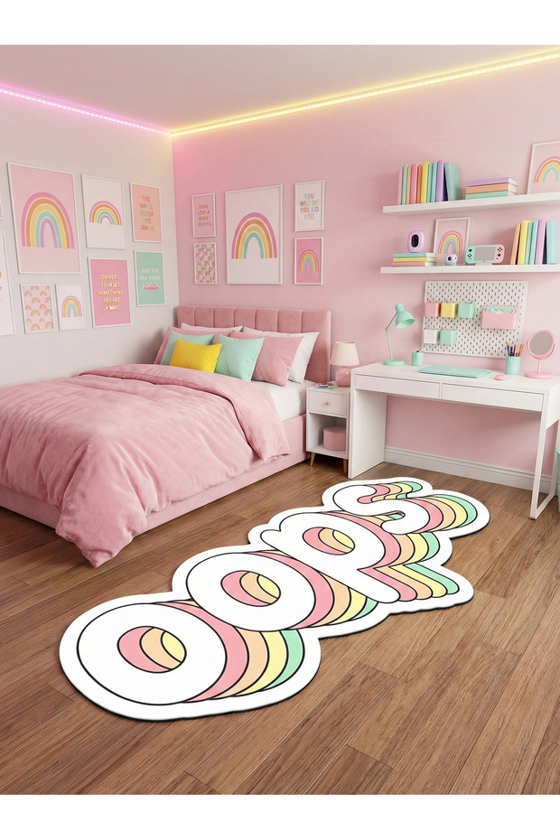 Non-Slip Sole Asymmetrical Pattern Machine Made Washable Young Girl's Room Rug 60X150
