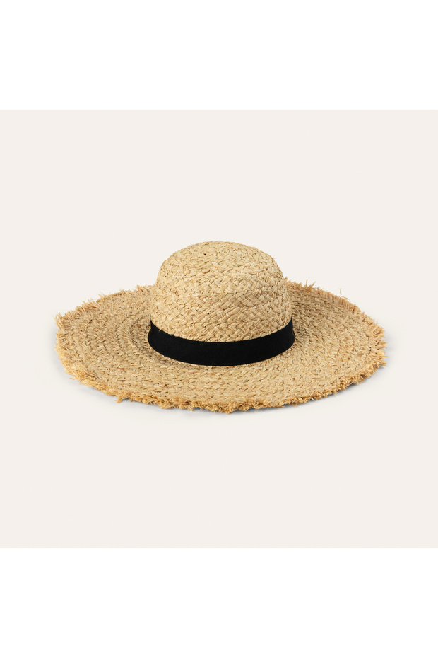 Women's Beige Color Straw Hat with Stripe Detail
