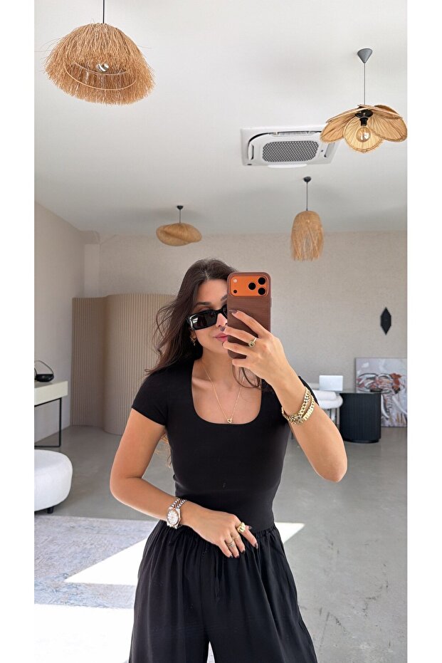 Black Square Collar Basic Cotton Pack Cropped Tshirt - 2