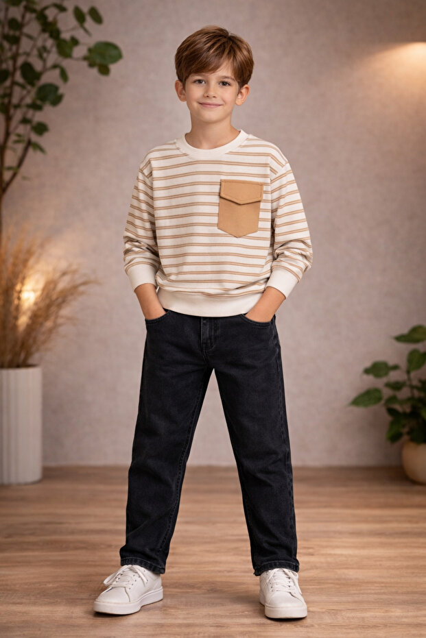 Eid Boys' Stylish Set with Striped Pocketed Sweatshirt and Black Jeans Trousers