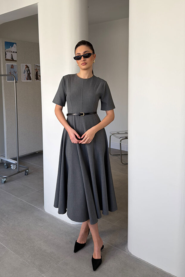 Premium Crew Neck Midi Dress of Belt Pieces - Gray