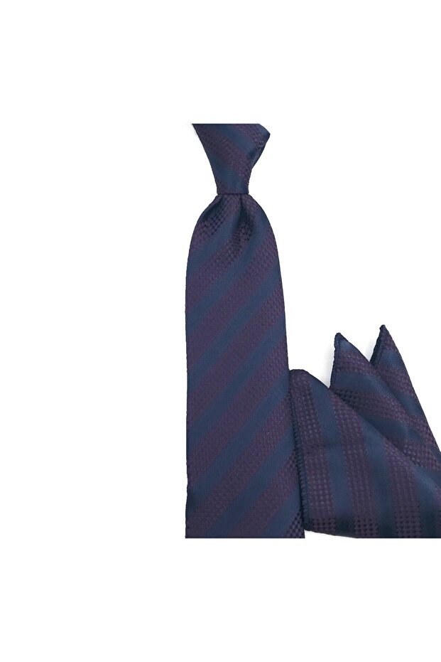 Navy Blue Purple Special Striped Handkerchief Tie 33285 Purple