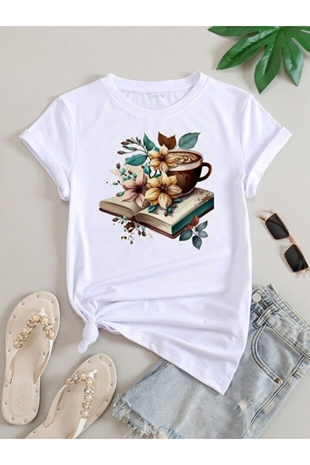تي شيرت Coffee Book مطبوع أبيض كبير الحجم للجنسين، تي شيرت يومي مريح ذو تصميم أساسي