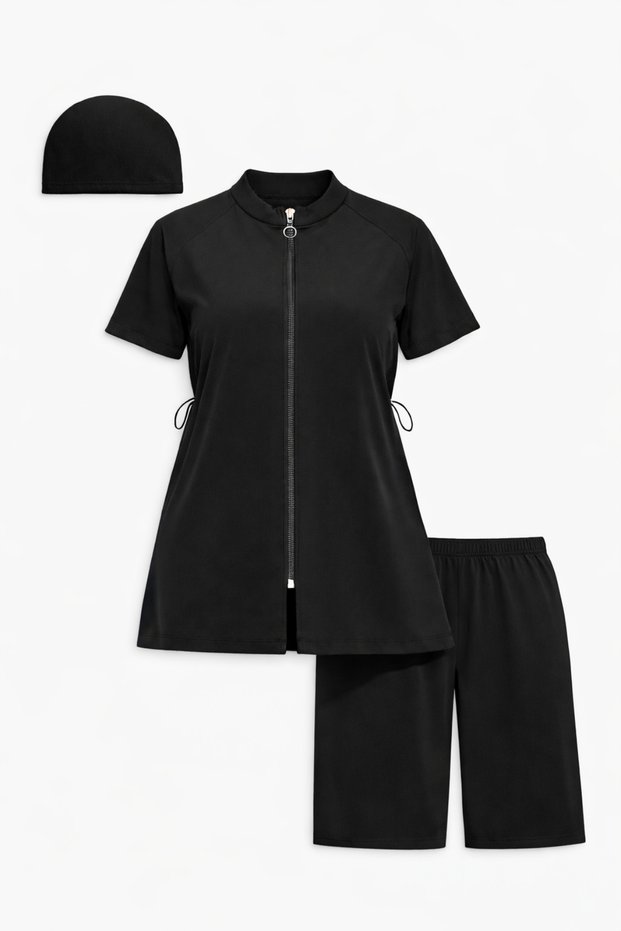 3-Piece Black Patterned Waiter Boy Swimsuit Set – Short Sleeve Children's Closed Swimsuit (Top, Shorts, Cap)
