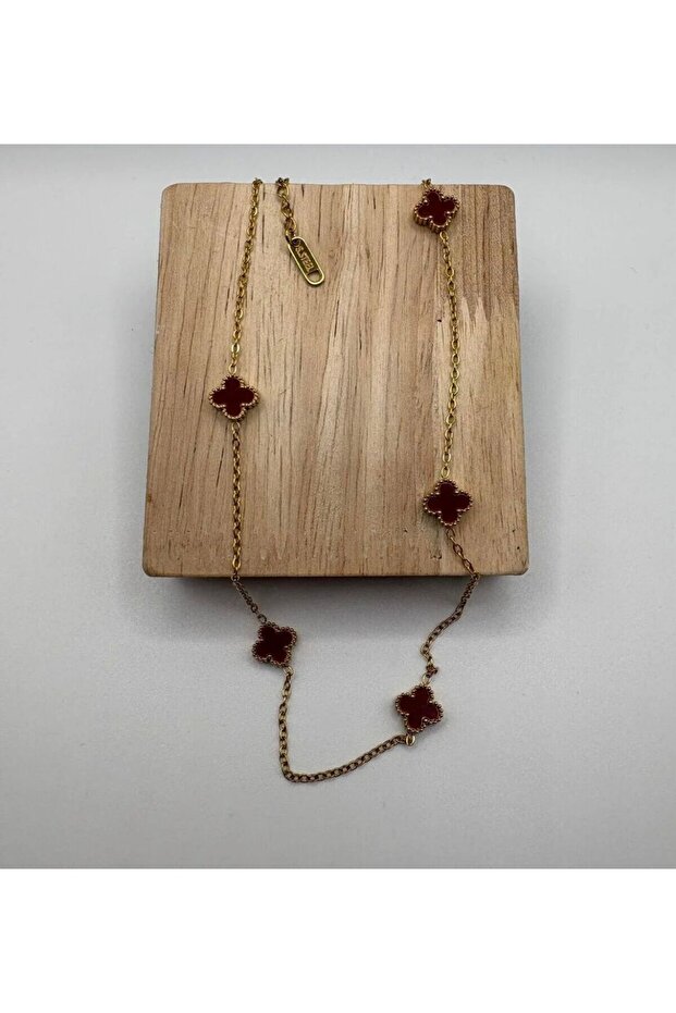 Çelik Mini Bordo Yonca Çift Taraflı Kolye - 3