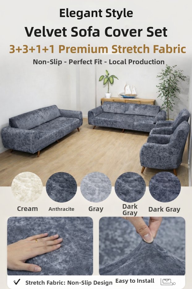 Velvet Seat Cover Set 3+3+1+1 Non-Slip Full-Fit Sofa Bed Cover with Stretchy Elastic Bands